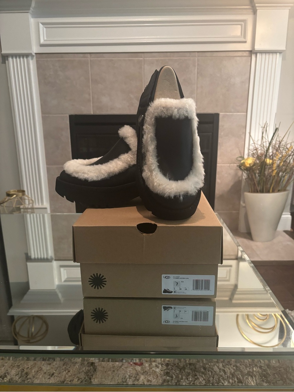 UGG Black Leather Fur-Trim Clogs